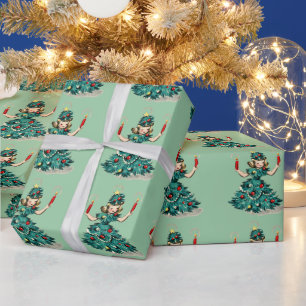 Cute Retro Vintage Christmas Tree Girl Wrapping Paper