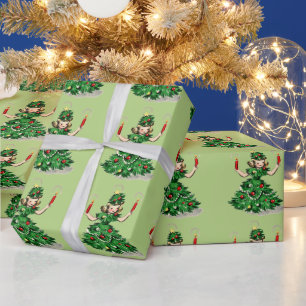 Cute Retro Vintage Christmas Tree Girl Wrapping Paper