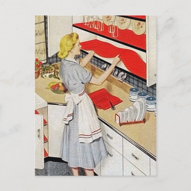 Cute retro vintage cleaning lady holiday postcard (Front)