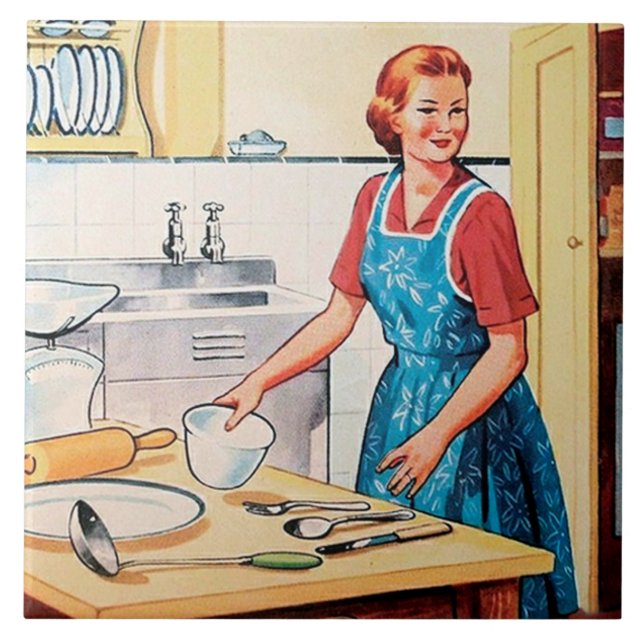 cute retro vintage cooking kitchen lady ceramic tile (Front)