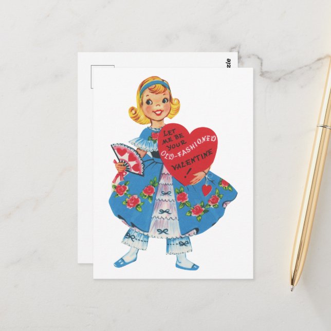 Cute retro vintage fashion girl Valentine Postcard (Front/Back In Situ)