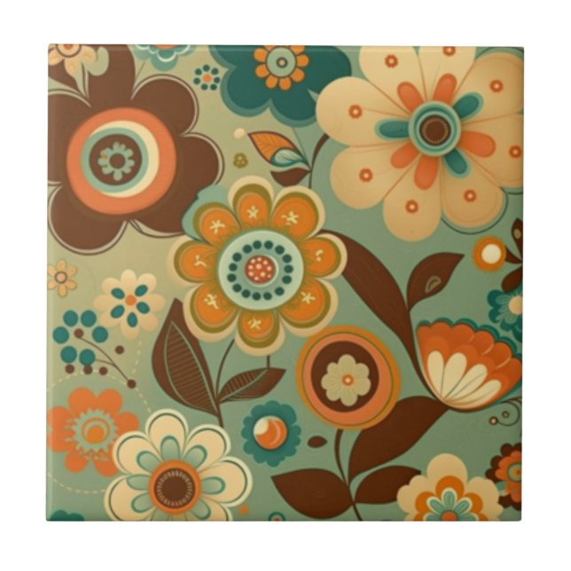 Cute retro vintage flowers ceramic tile (Front)