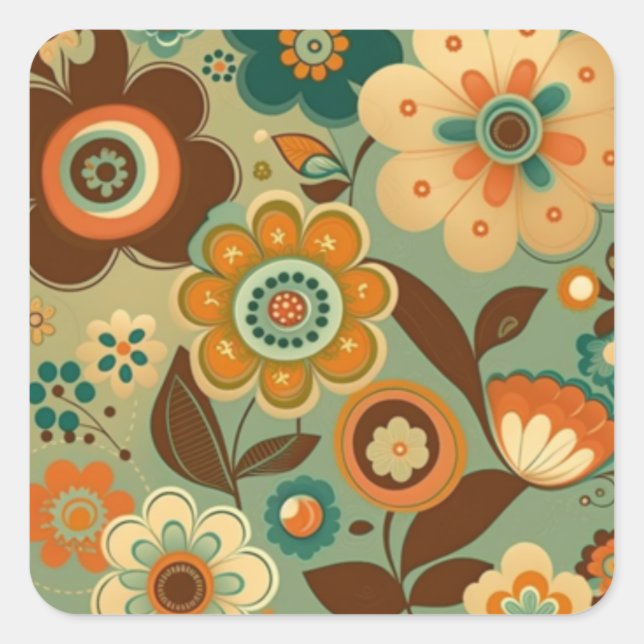 Cute retro vintage flowers square sticker (Front)