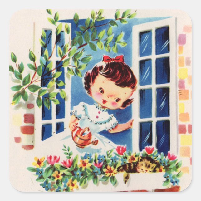 Cute retro vintage girl watering flowers square sticker (Front)