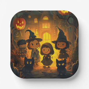 Cute Retro Vintage Halloween Kids Ghost Pumpkin Paper Plate