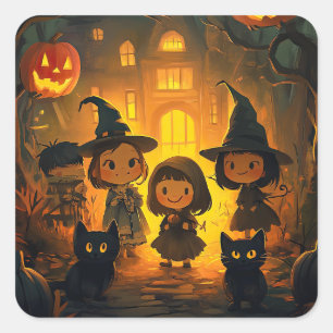 Cute Retro Vintage Halloween Kids Ghost Pumpkin Square Sticker