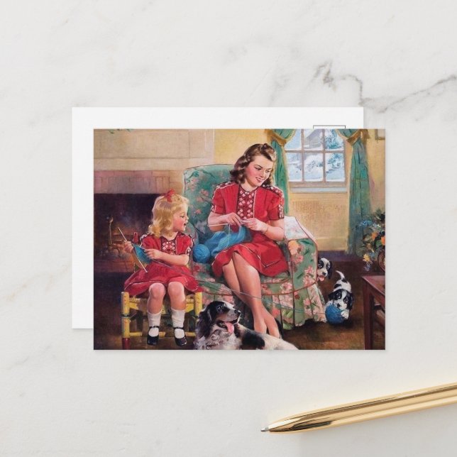 cute retro vintage knitting lovers postcard (Front/Back In Situ)