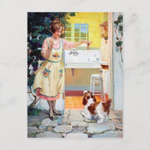 Cute retro vintage lady feeding the dog postcard