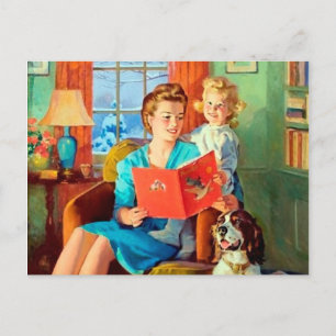 Cute retro vintage lady reading postcard