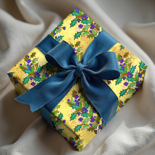 Cute retro vintage leaves holidays yellow  wrapping paper