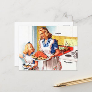 cute retro vintage Mum Daughter kitchen  Postcard