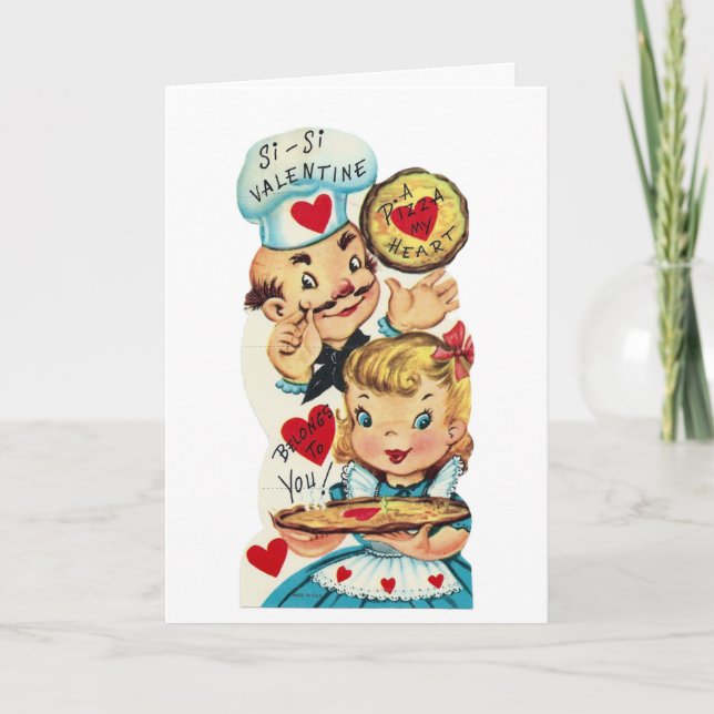 Cute retro vintage pizza Valentine Holiday Card (Front)