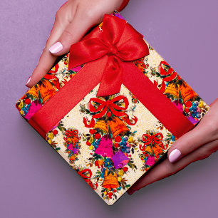 Cute retro vintage red bow holidays beige wrapping paper