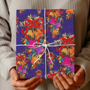 Cute retro vintage red bow holidays blue wrapping paper