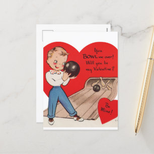 Cute retro vintage Valentine bowling Holiday Postcard
