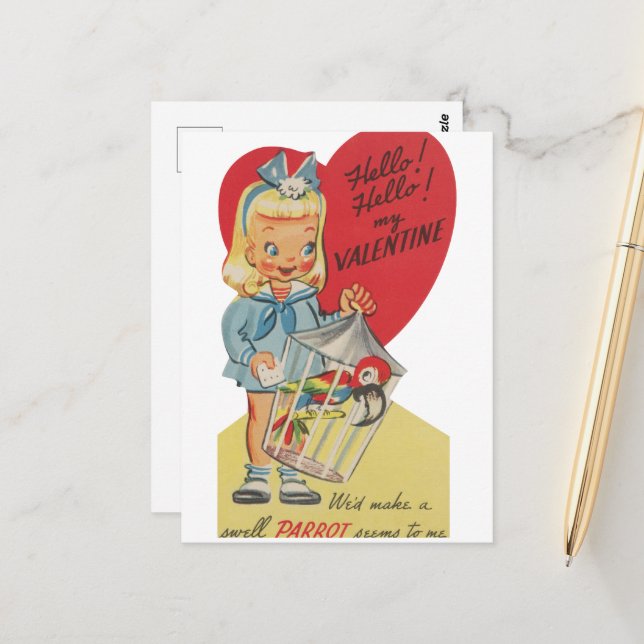 Cute retro vintage Valentine girl Postcard (Front/Back In Situ)