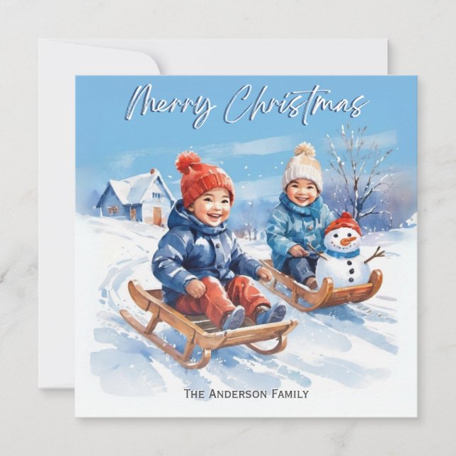 Cute Retro Watercolor Children Sledges Snow Scene Holiday Card (Front)