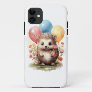 Cute Retro Watercolor Hedgehog with Balloons iPhone 11 Case
