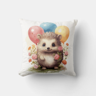 Cute Retro Watercolor Hedgehog with Balloons Cushion
