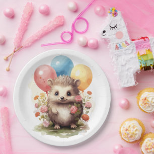 Cute Retro Watercolor Hedgehog with Balloons Paper Plate