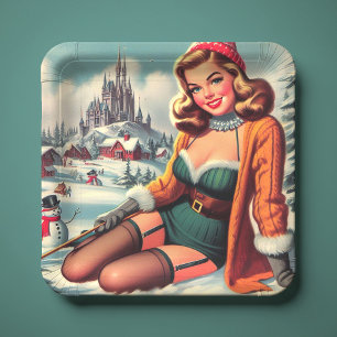 Cute Retro Winter Pin-up Paper Plate