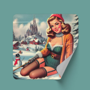 Cute Retro Winter Pin-up Square Sticker