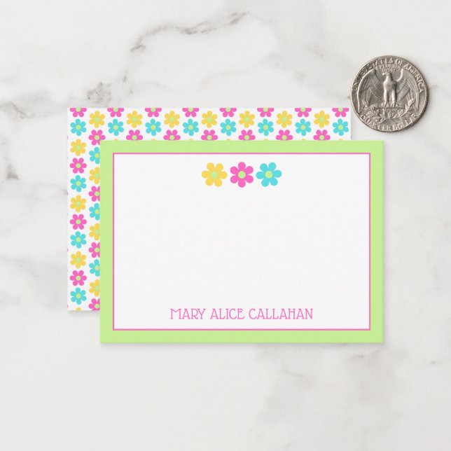 Cute Retro Yellow Pink Blue Daisies Card (Front/Back In Situ)