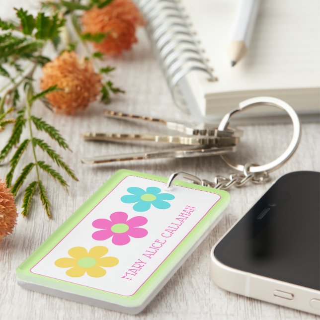 Cute Retro Yellow Pink Blue Daisies Key Ring (Front Right)