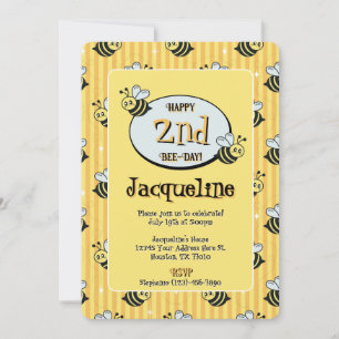 Cute Retro Yellow Striped Bumblebee Birthday Invitation