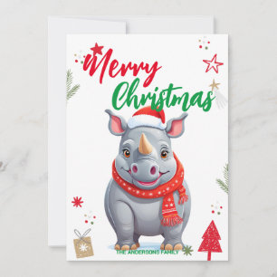 Cute rhino Christmas tree Holiday Personalise name Card