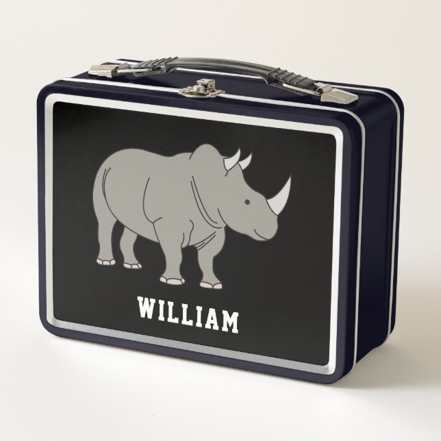 Cute Rhino Personalised Custom Name Back To School Metal Lunch Box (Front)