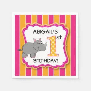 Cute Rhino Pink & Orange Girl's First Birthday Napkin