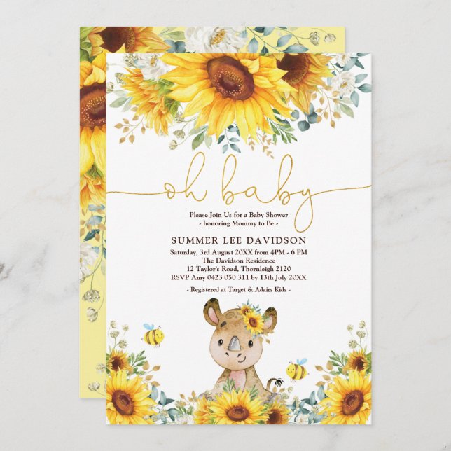 Cute Rhino Sunflower Honey Bee Baby Shower Invitation (Front/Back)