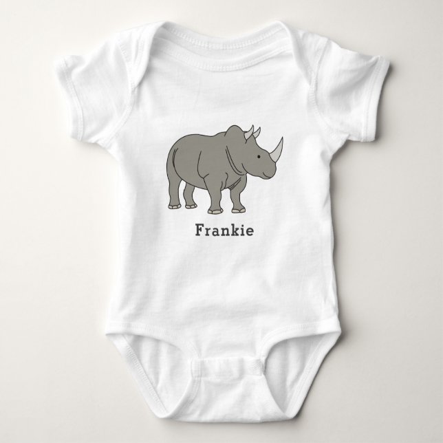 Cute Rhino Unique Boy Personalised Custom Name Baby Bodysuit (Front)