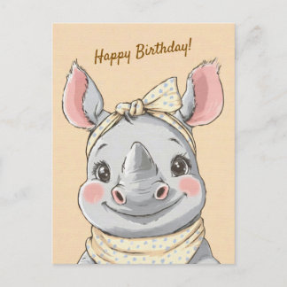 Cute Rhino with Bandana Kids Birthday Invitation Postcard
