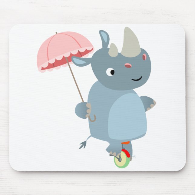 Cute Rhino with Umbrella on Unicycle Mousepad (Front)