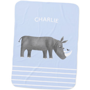 Cute Rhinoceros Animal Lover Custom Name Baby Blanket