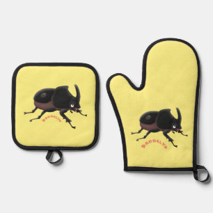 Cute rhinoceros beetle cartoon illustration oven mitt & pot holder set
