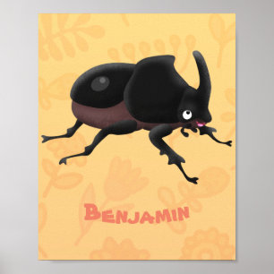 Cute rhinoceros beetle cartoon illustration poster