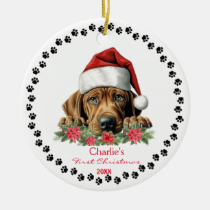 Cute Rhodesian Ridgeback Dog Santa Hat Paw Print Ceramic Ornament