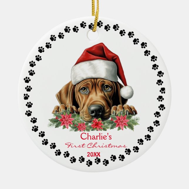 Cute Rhodesian Ridgeback Dog Santa Hat Paw Print Ceramic Ornament (Front)