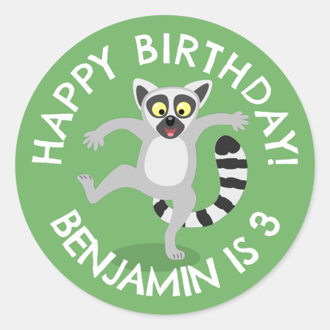 Cute ring tail lemur cartoon personalised birthday classic round sticker (Front)
