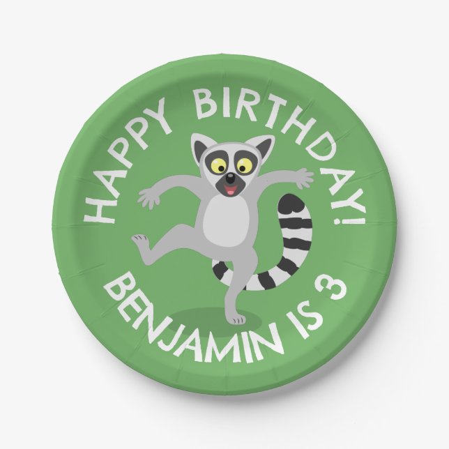 Cute ring tail lemur cartoon personalised birthday paper plate (Front)