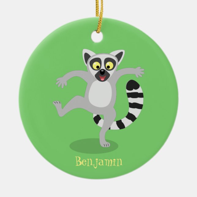 Cute ring tail lemur dancing cartoon illustration ceramic ornament (Front)