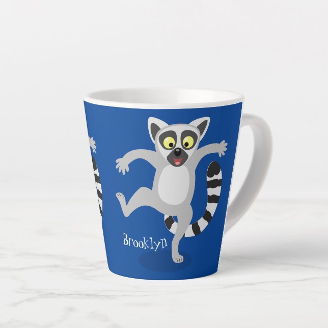 Cute ring tail lemur dancing cartoon illustration latte mug (Right Angle)