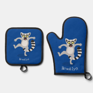 Cute ring tail lemur dancing cartoon illustration oven mitt & pot holder set