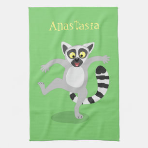 Cute ring tail lemur dancing cartoon illustration tea towel