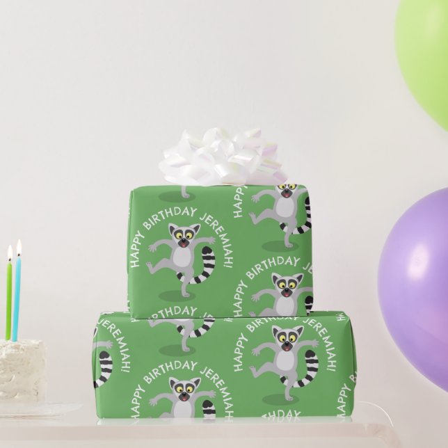 Cute ring tail lemur personalised cartoon birthday wrapping paper (Party Gifts)
