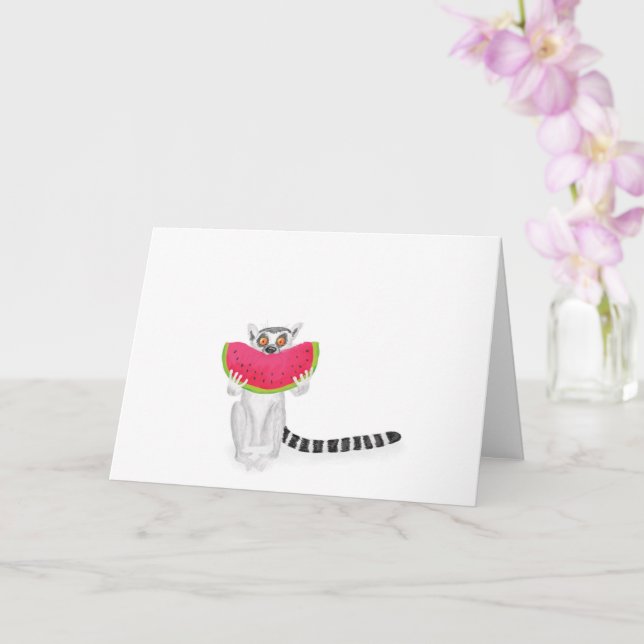 Cute ring-tailed lemur eating a watermelon card (Orchid)