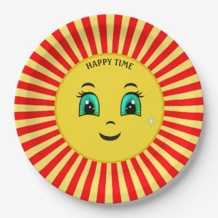 Cute Rising Sun Happy Face & Red Rays Paper Plate